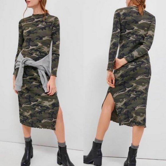 ANTHROPOLOGIE T.La GREEN CAMO RIBBED DELILAH MIDI DRESS - Picture 2 of 3